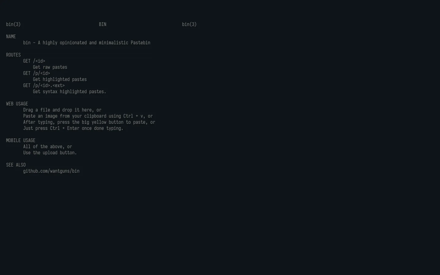 bin Homepage screenshot