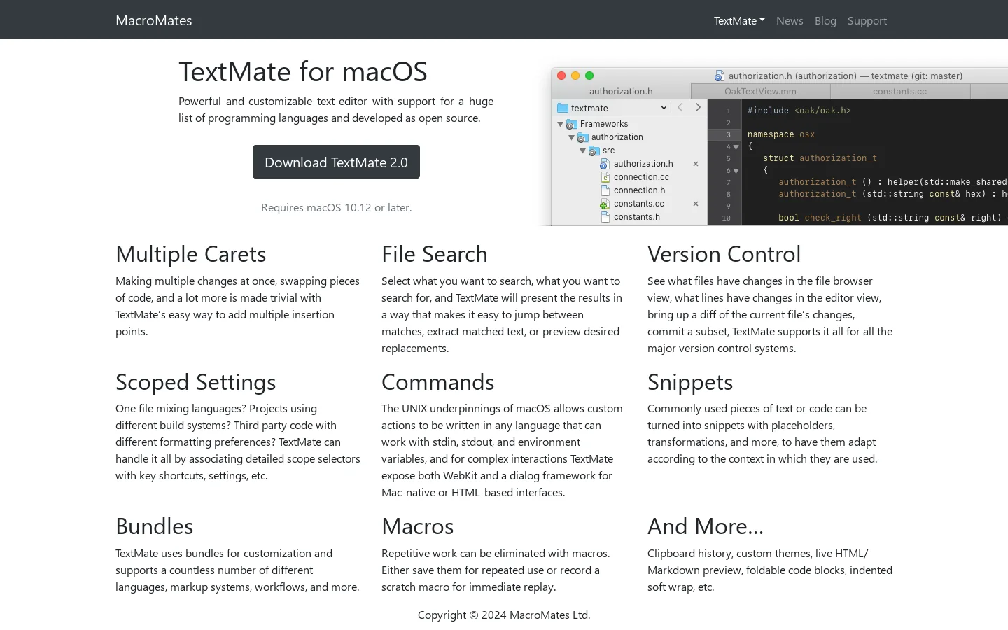 TextMate: Text editor for macOS Homepage screenshot