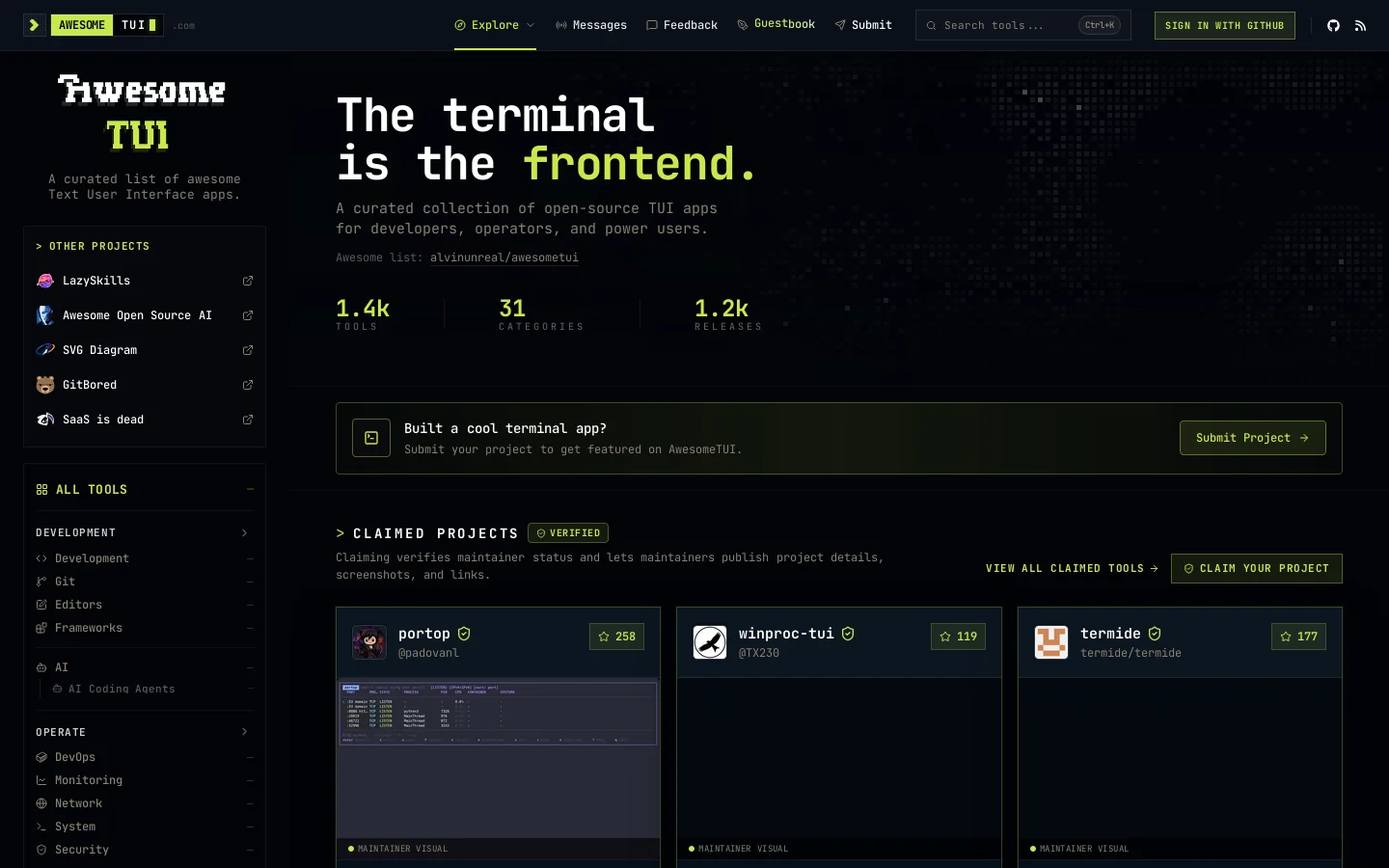 Awesome TUI Homepage screenshot