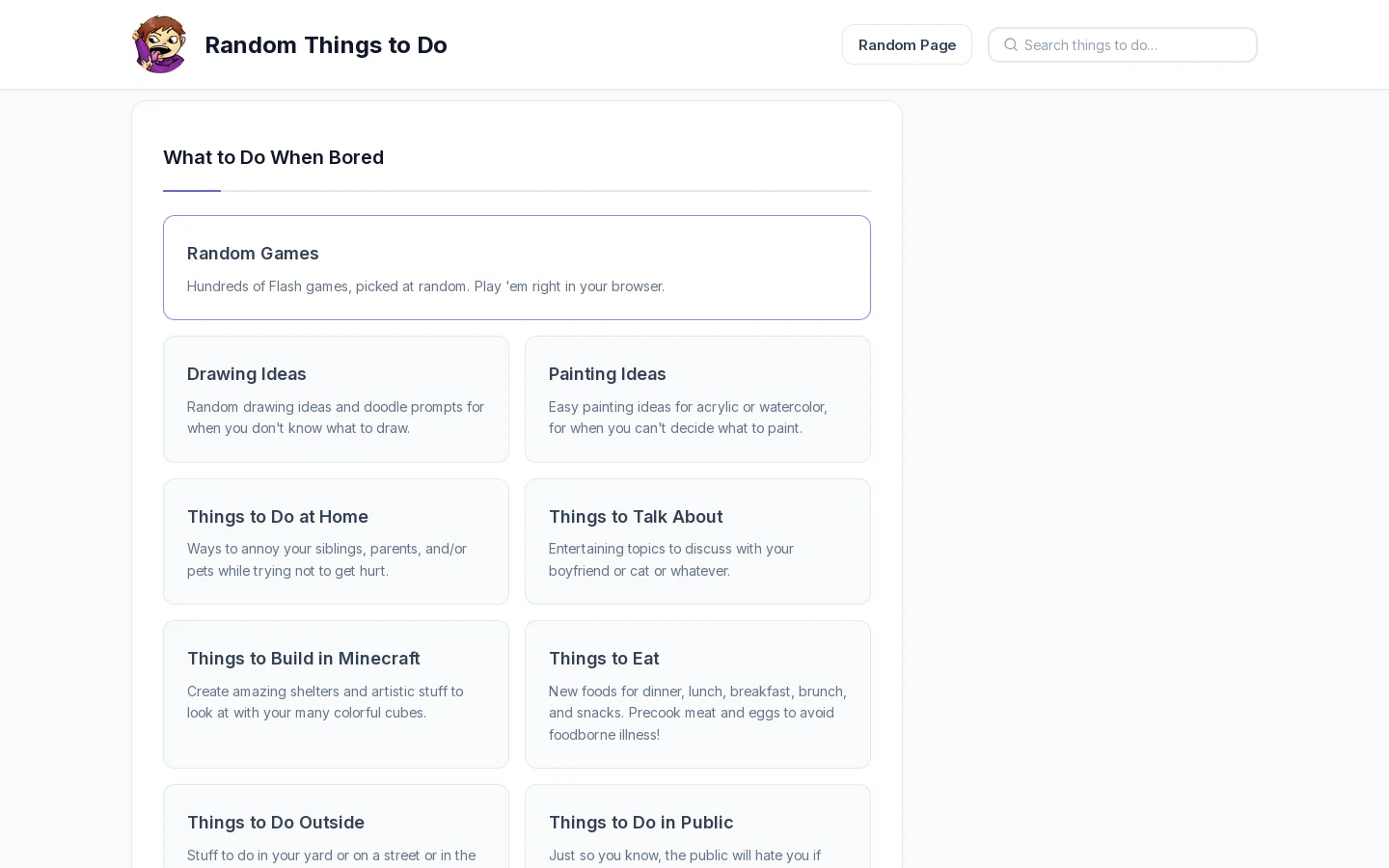 Random Things To Do Homepage screenshot