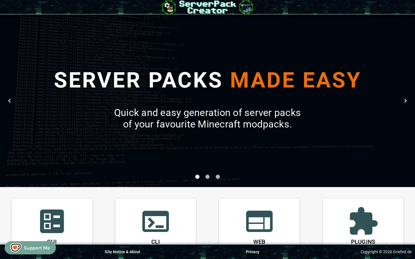 ServerPackCreator Homepage screenshot