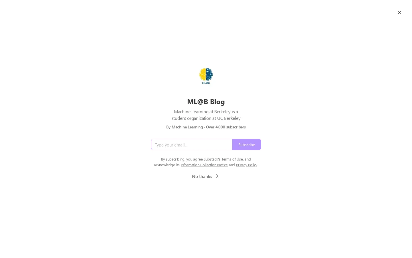 ML@B Blog | Machine Learning at Berkeley | Substack Homepage screenshot