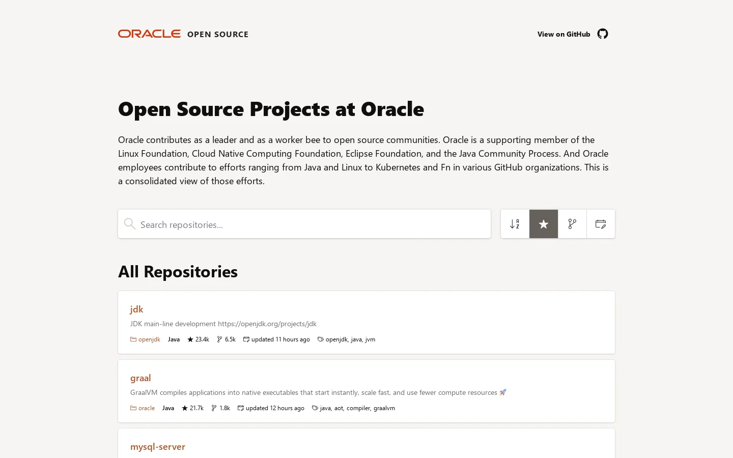 Oracle Open Source Homepage screenshot