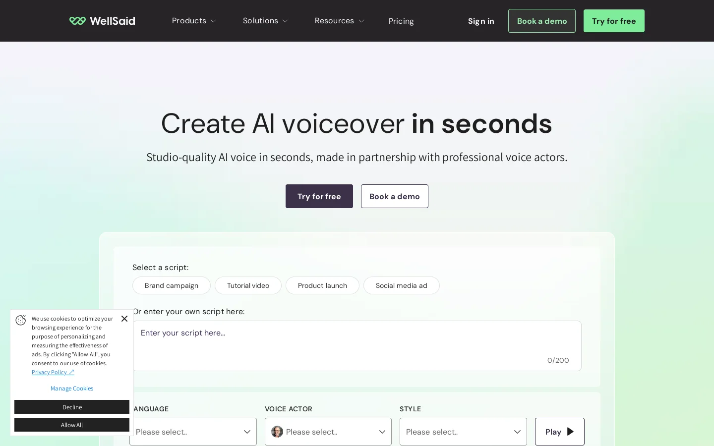 WellSaid Homepage screenshot