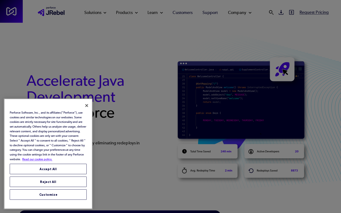Real‑Time Java Hot Reloading & Developer Productivity | Perforce JRebel Homepage screenshot