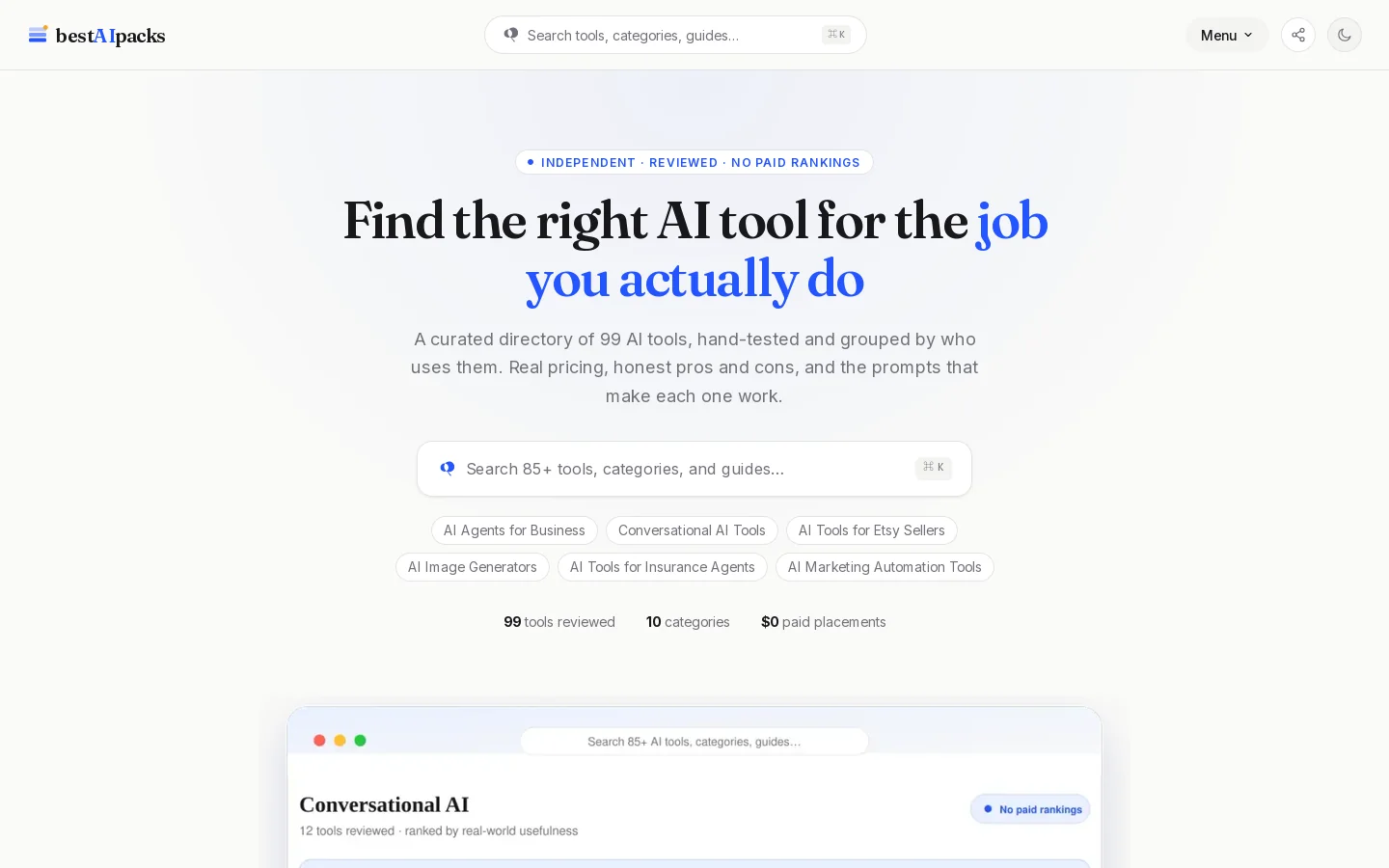bestAIpacks. Curated AI Tools, Reviewed Homepage screenshot