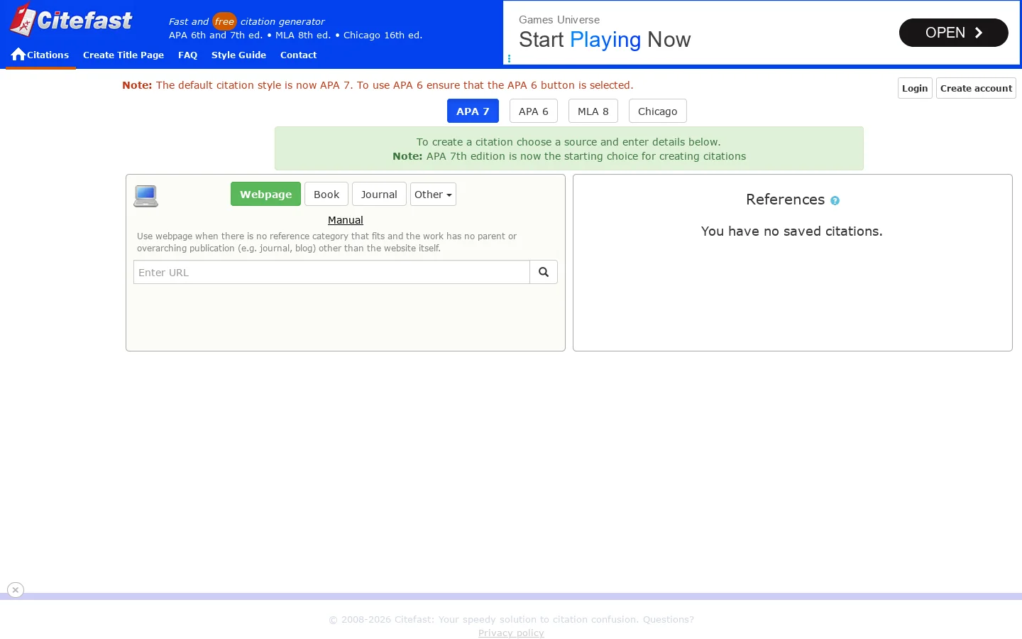 Citefast automatically formats citations in Homepage screenshot