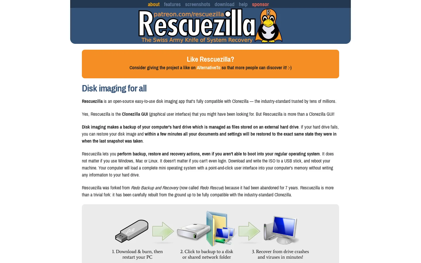 Rescuezilla (Clonezilla GUI) Homepage screenshot
