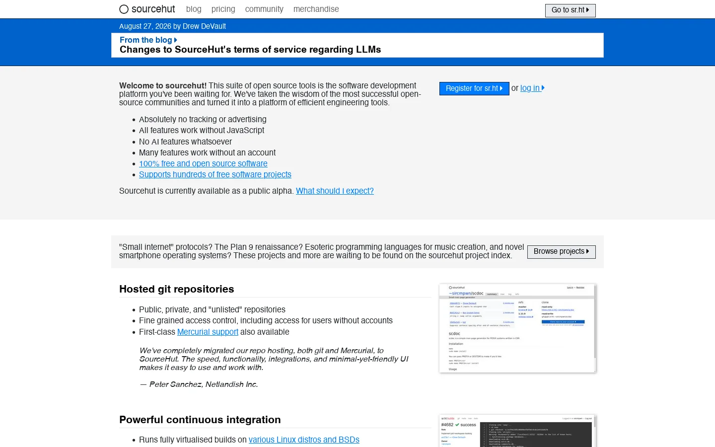 sourcehut Homepage screenshot