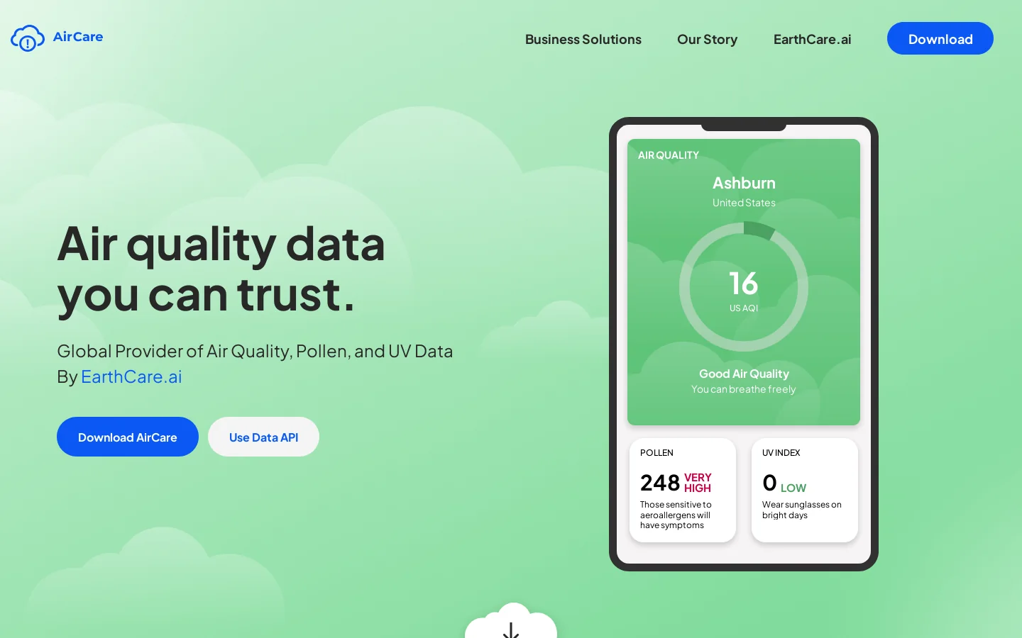 AirCare – Air Quality & Pollen App Homepage screenshot