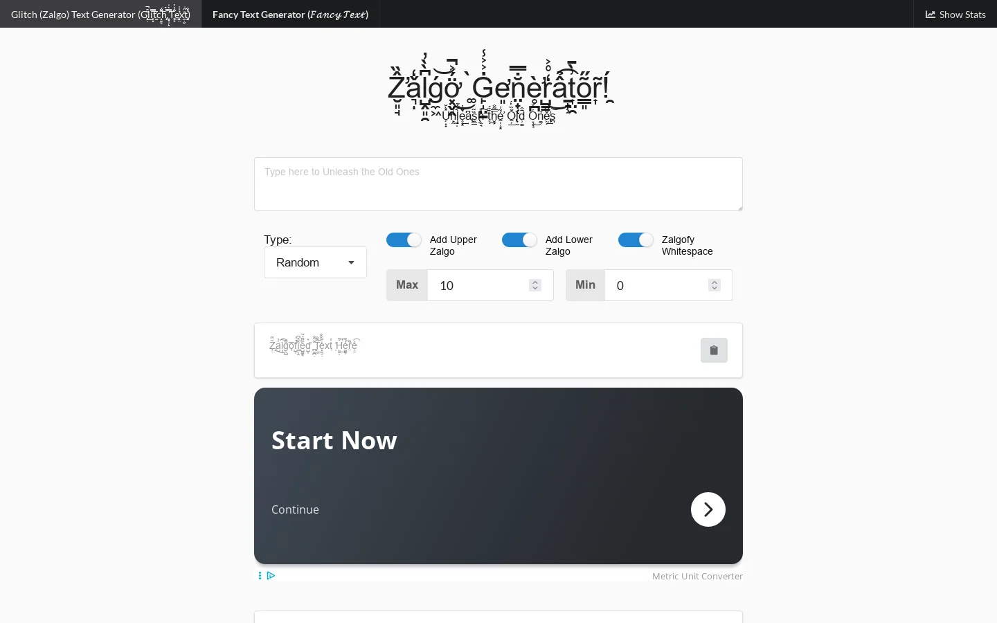 Glitch (Zalgo) Text Generator - Corrupt your text and invoke the Nezperdian hive-mind of chaos. Homepage screenshot