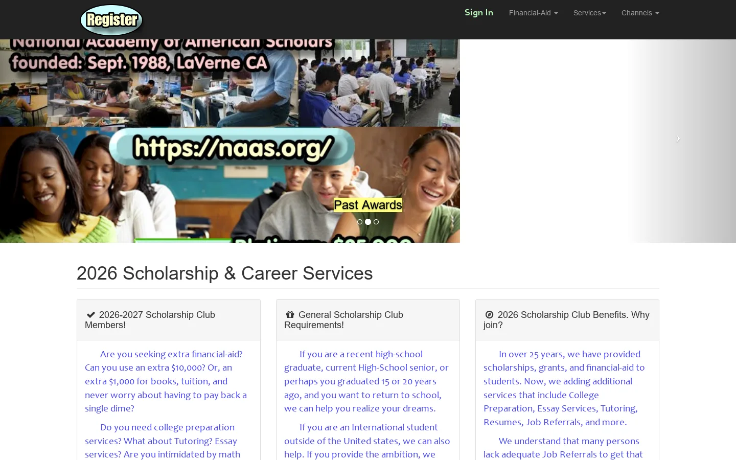 Top 2026 Scholarship Club opportunities for students seeking to pursue educational opportunities and financial-aid Homepage screenshot