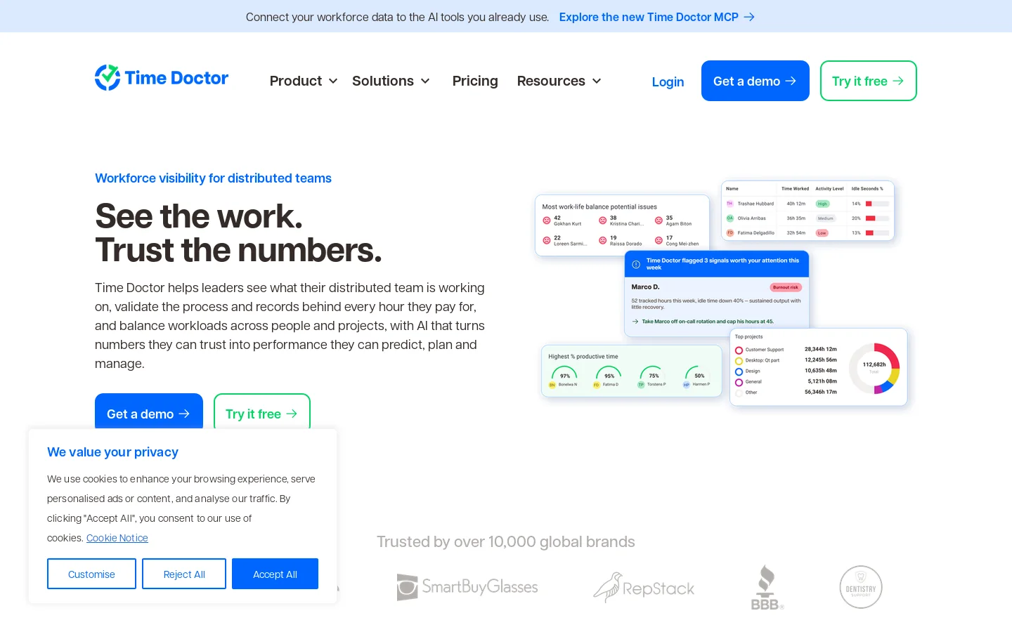 Time Doctor Workforce Visibility for Distributed Teams Homepage screenshot