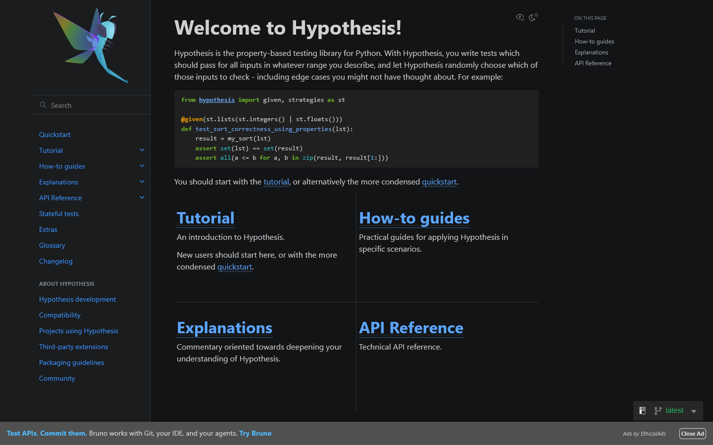 Hypothesis 6.167.1 documentation Homepage screenshot