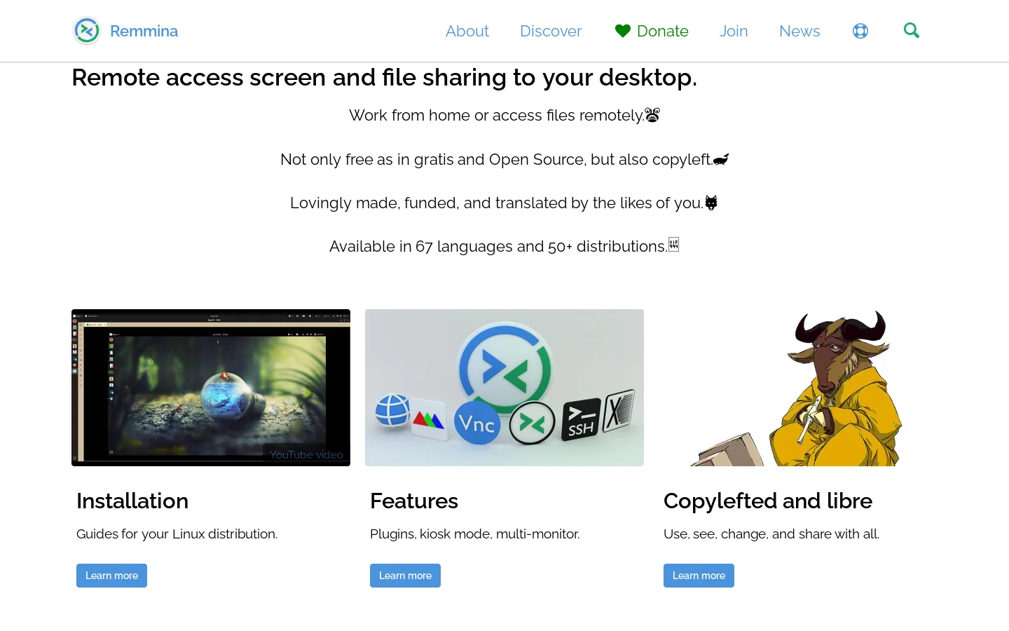 Remmina remote desktop client Homepage screenshot