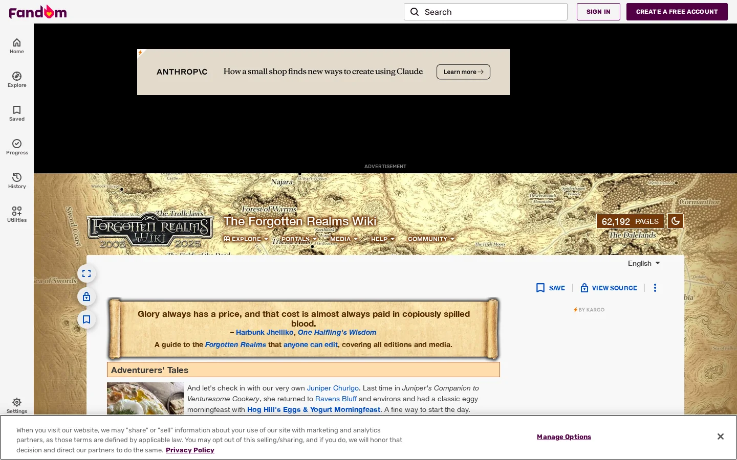 Forgotten Realms Wiki Homepage screenshot