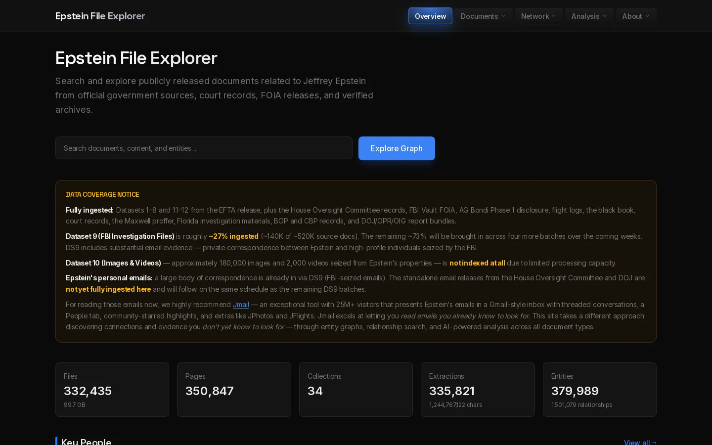 Epstein File Explorer Homepage screenshot