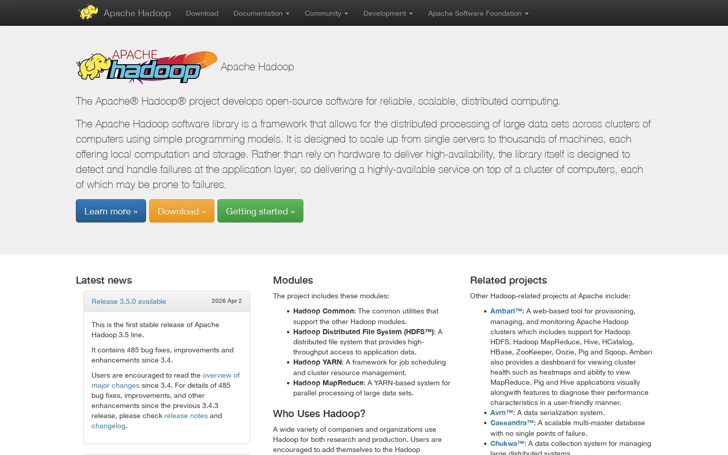 Apache Hadoop Homepage screenshot
