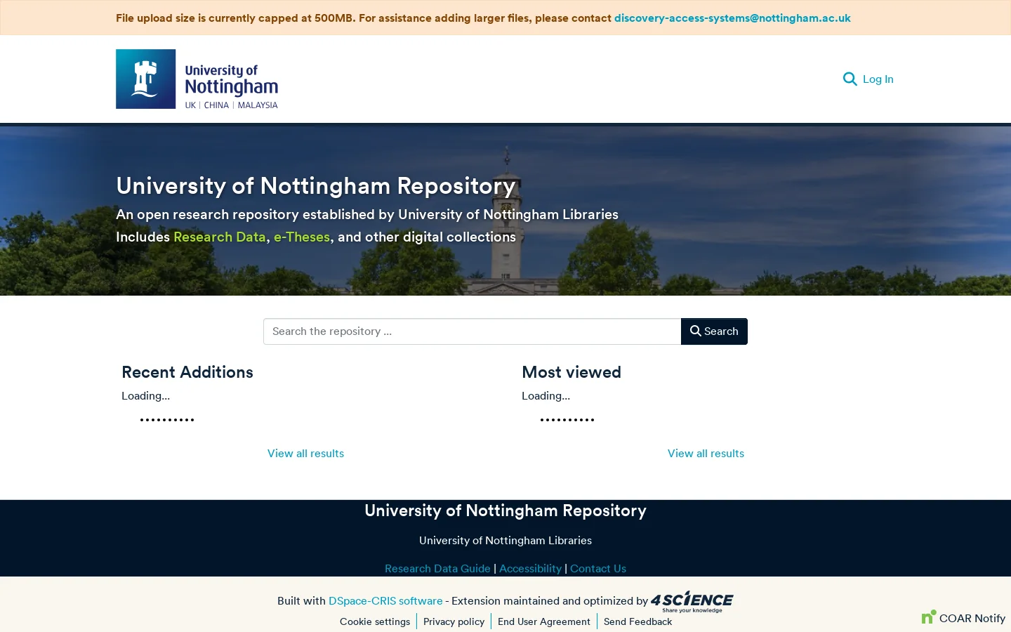 University of Nottingham Repository Angular :: Home Homepage screenshot