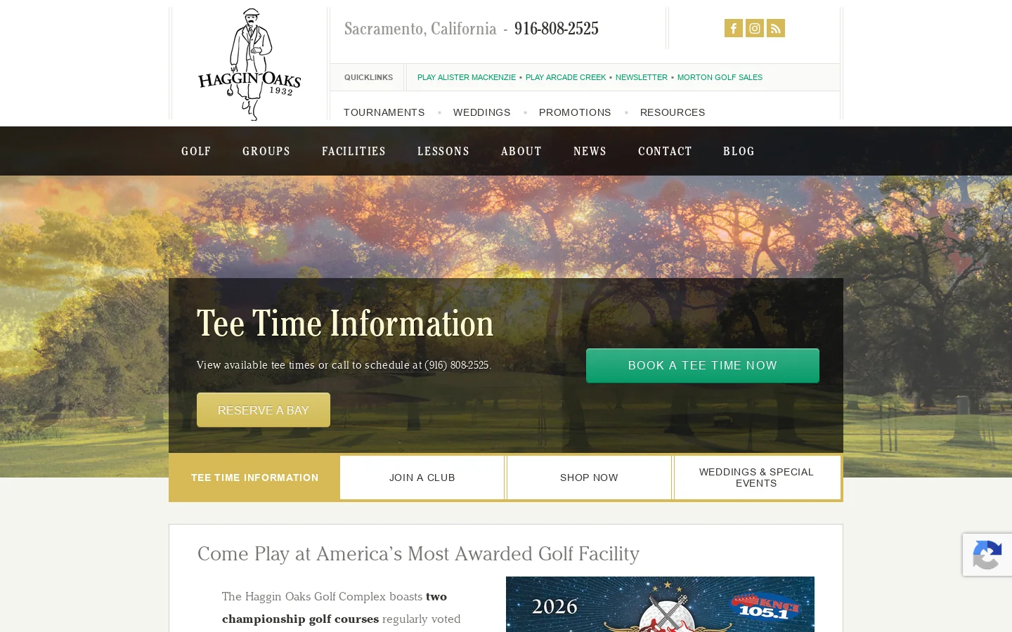 Haggin Oaks Golf Complex, Sacramento CA Homepage screenshot