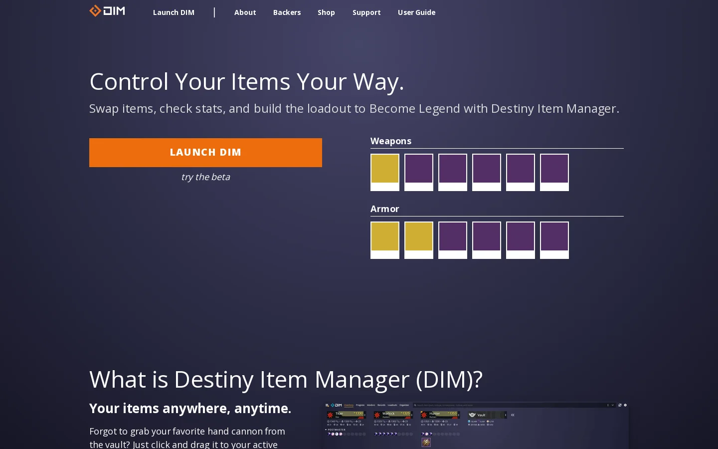Destiny Item Manager Homepage screenshot