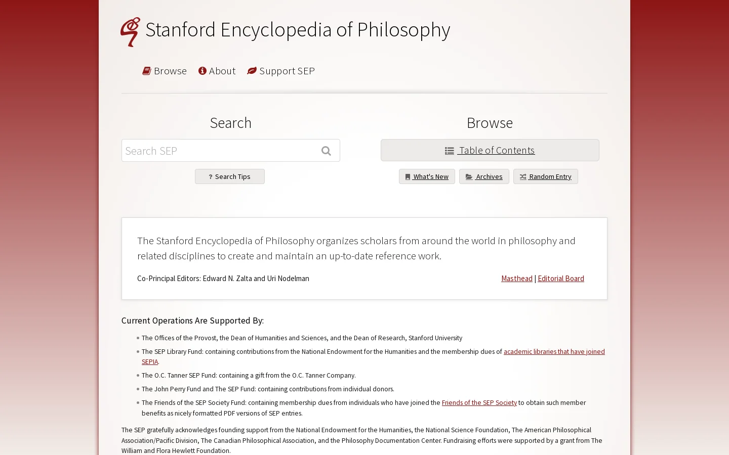 Stanford Encyclopedia of Philosophy Homepage screenshot