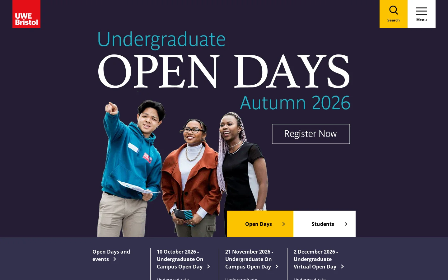 University of the West of England Bristol Homepage screenshot