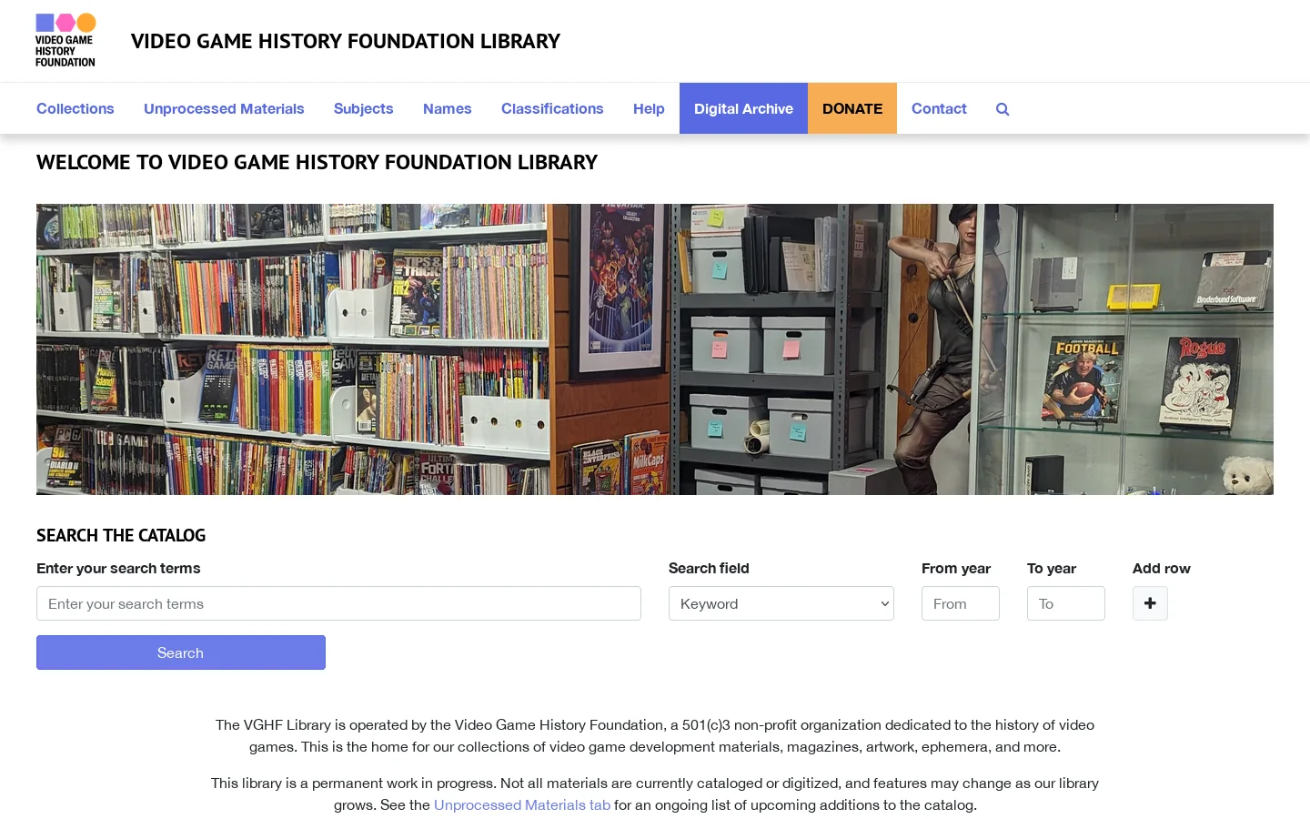 Video Game History Foundation Library | Video Game History Foundation Library Homepage screenshot