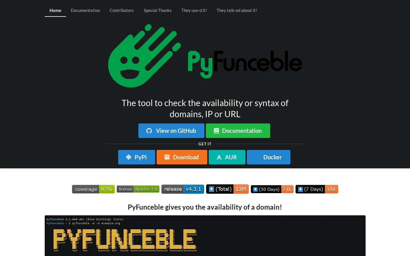 PyFunceble Homepage screenshot
