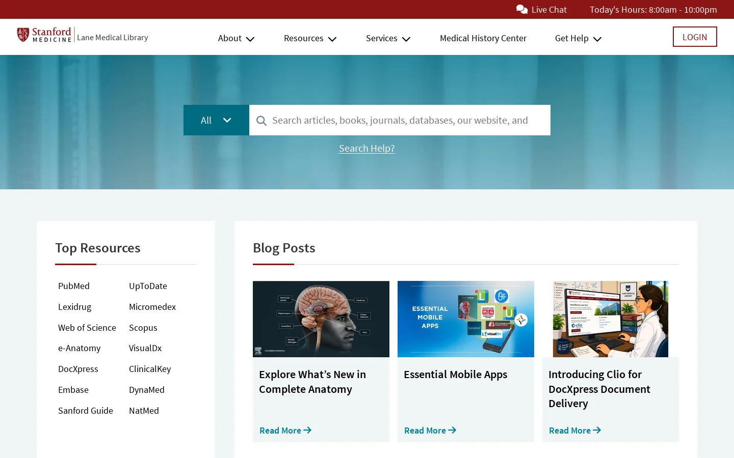 Lane Medical Library Homepage screenshot