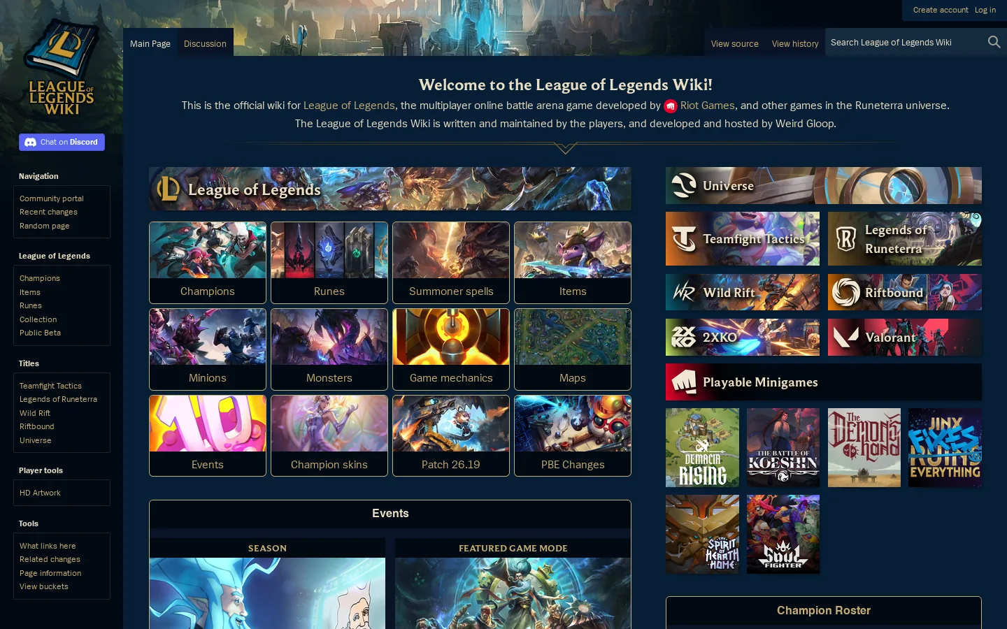 League of Legends Wiki Homepage screenshot
