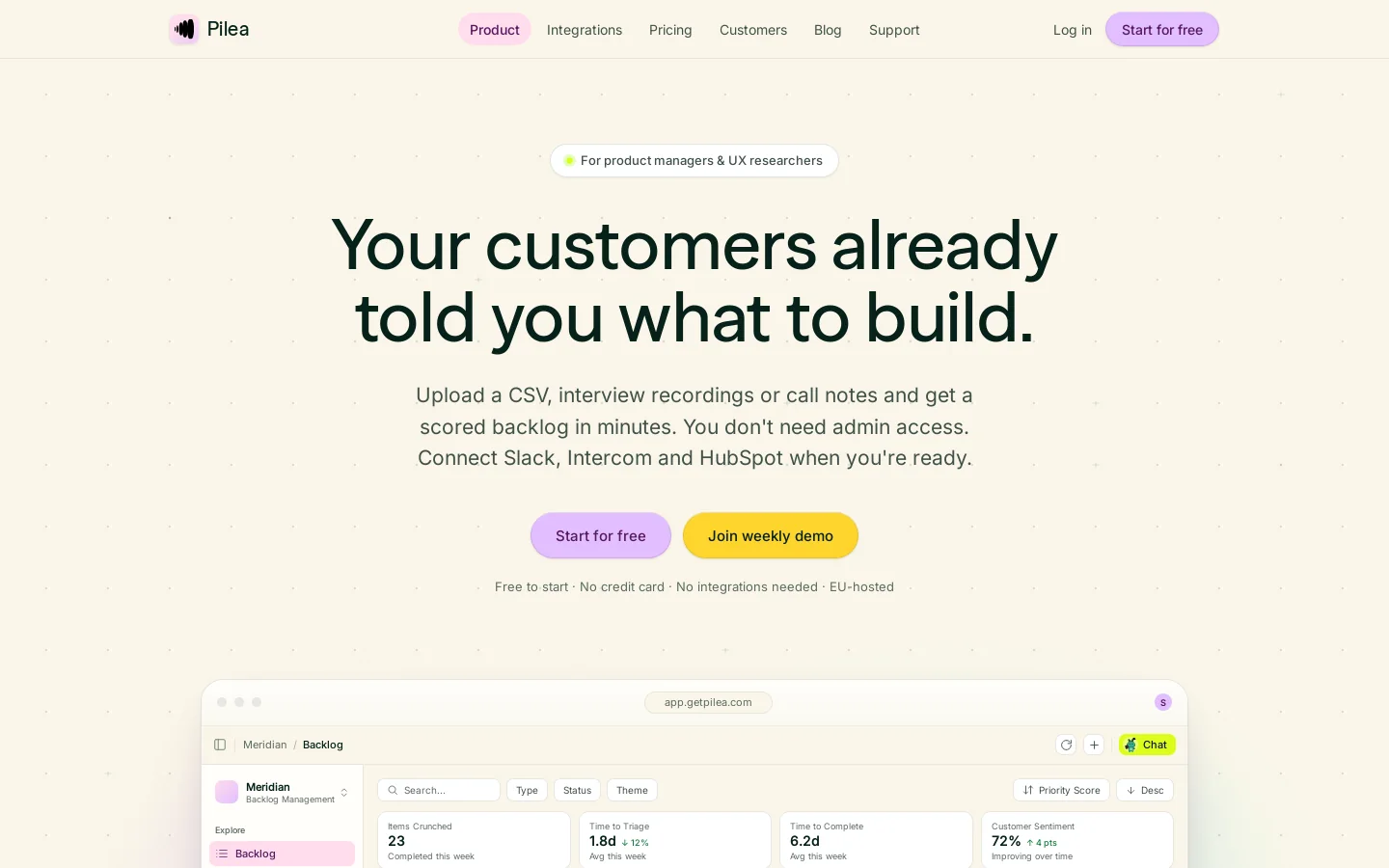 Pilea — Your customers already told you what to build Homepage screenshot