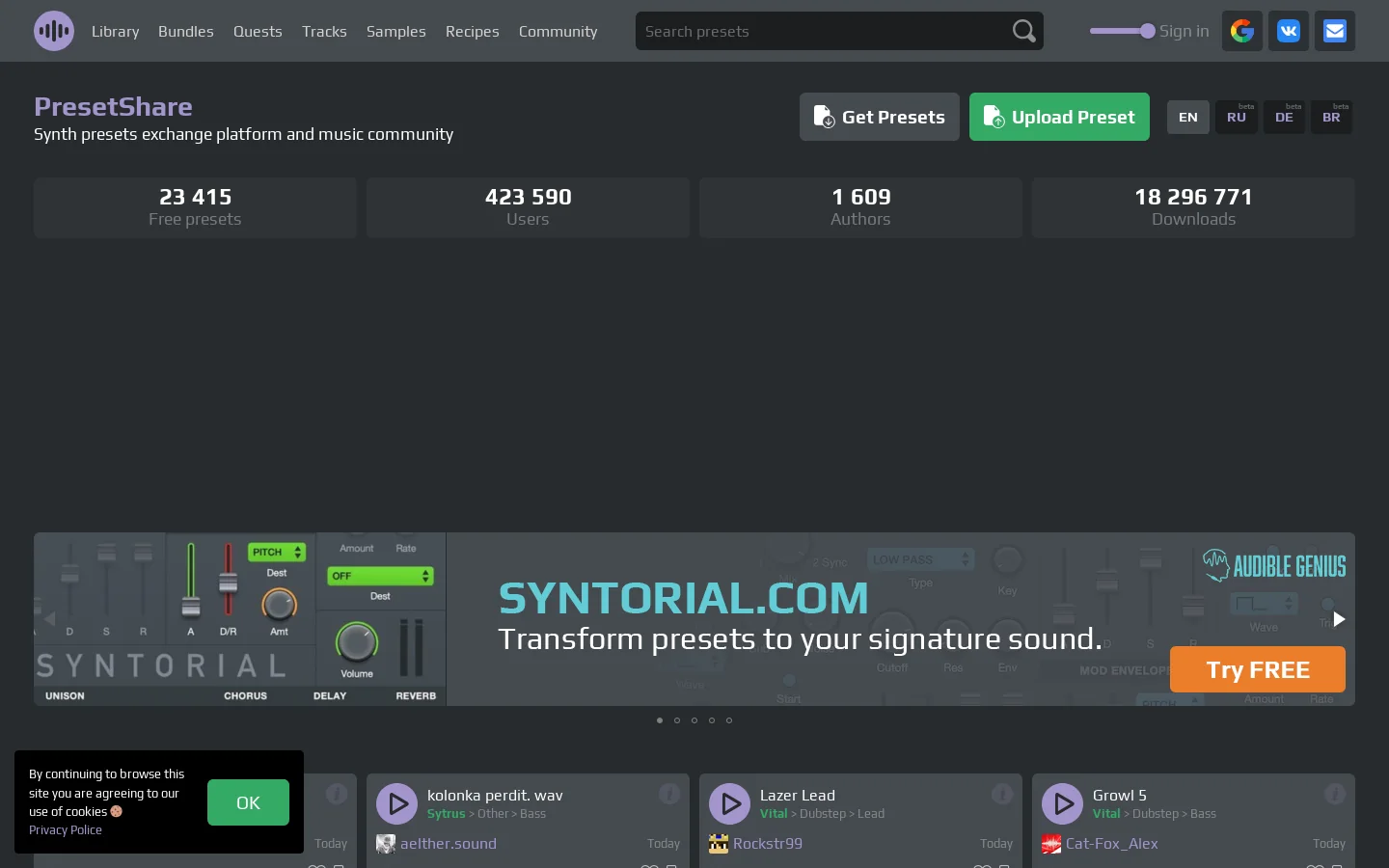 Free Presets For VST Synthesizers Homepage screenshot