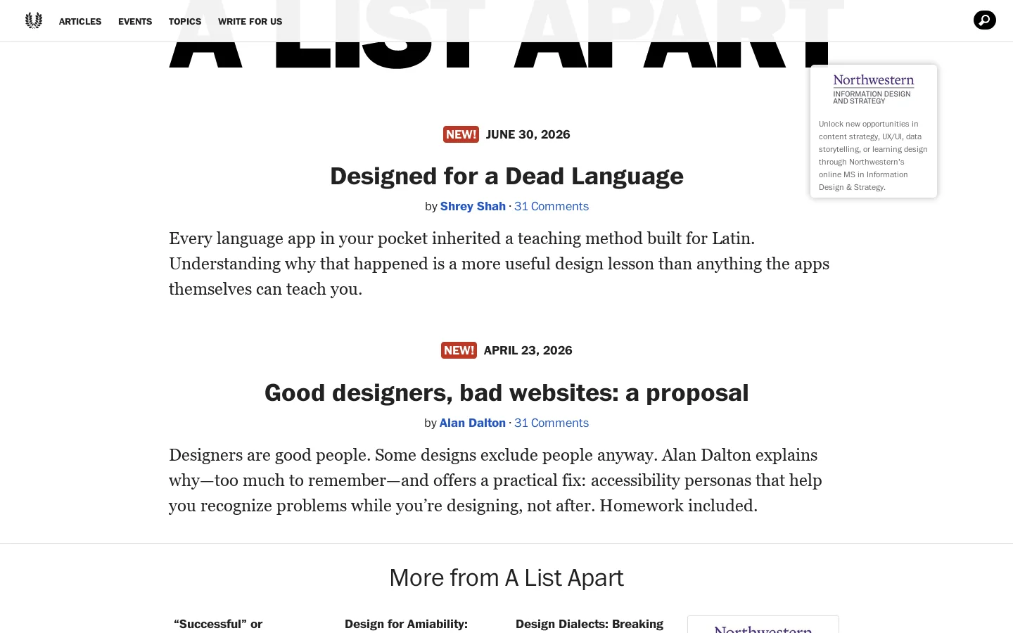 A List Apart Homepage screenshot