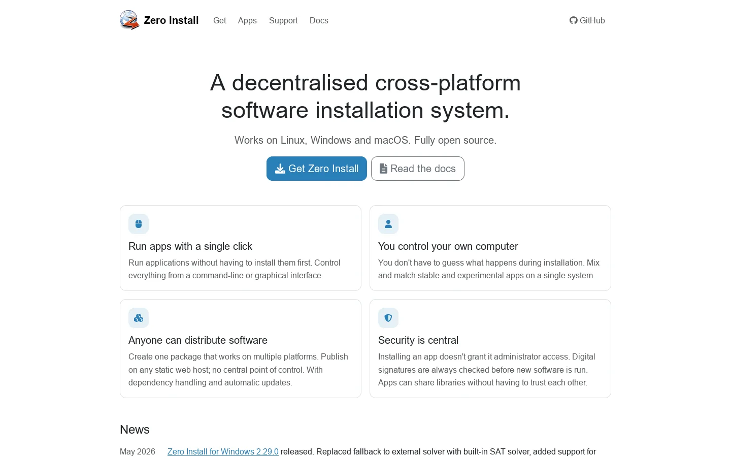 Zero Install Homepage screenshot