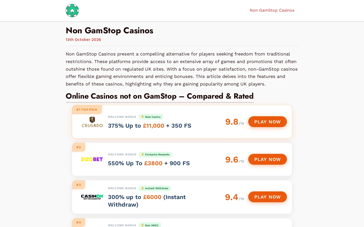 Non GamStop Casinos - Best UK Casino Sites in 2026 Homepage screenshot