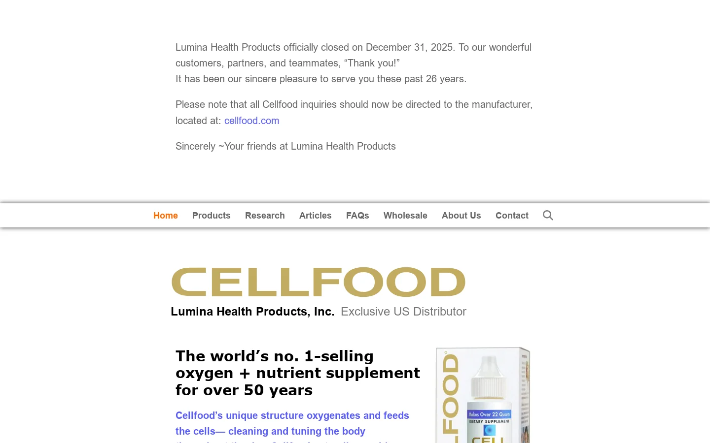 Lumina Health Products exclusive distributor of Cellfood Homepage screenshot