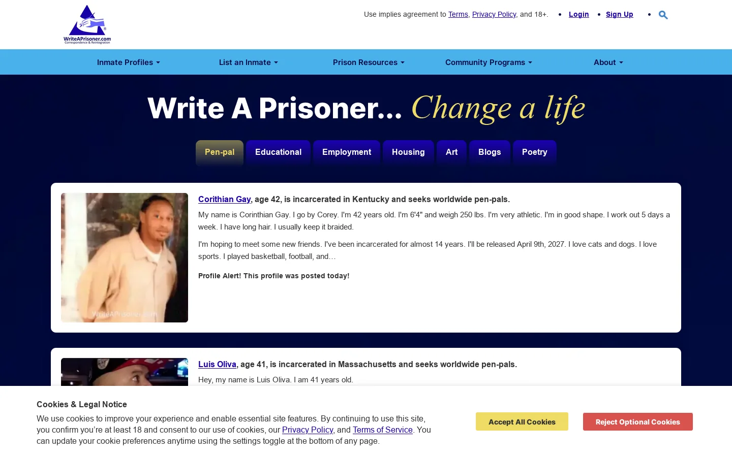 Write A Prisoner Homepage screenshot