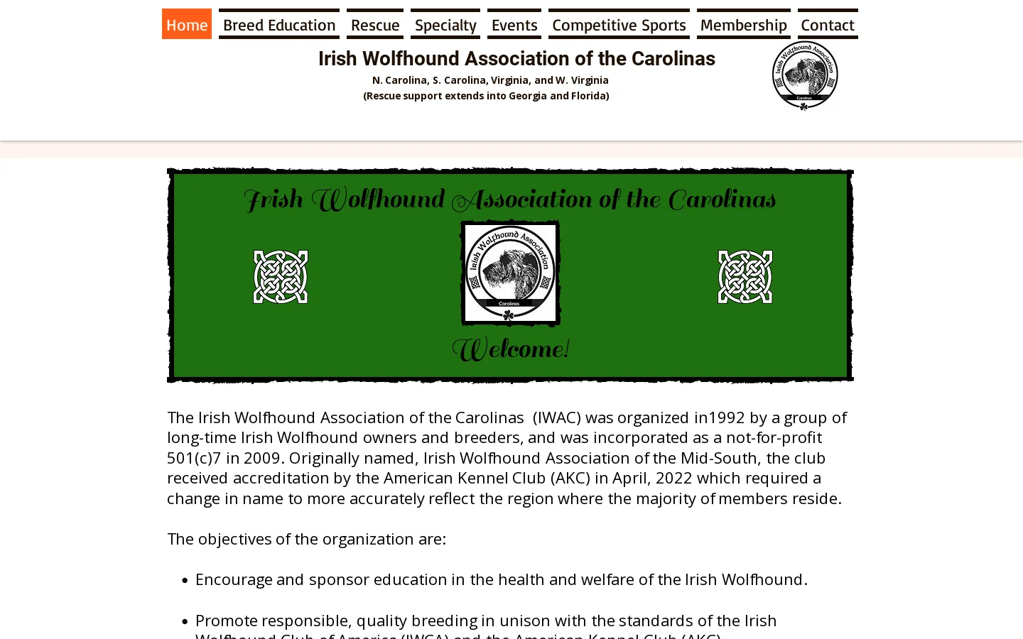 Irish Wolfhound Association of the Mid South Homepage screenshot