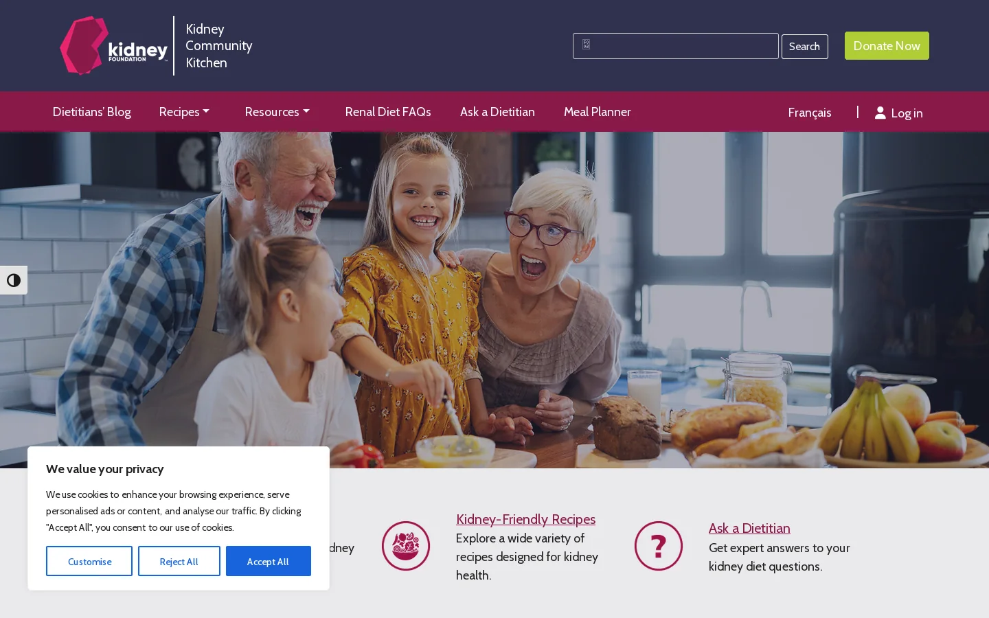 Kidney Community Kitchen Homepage screenshot