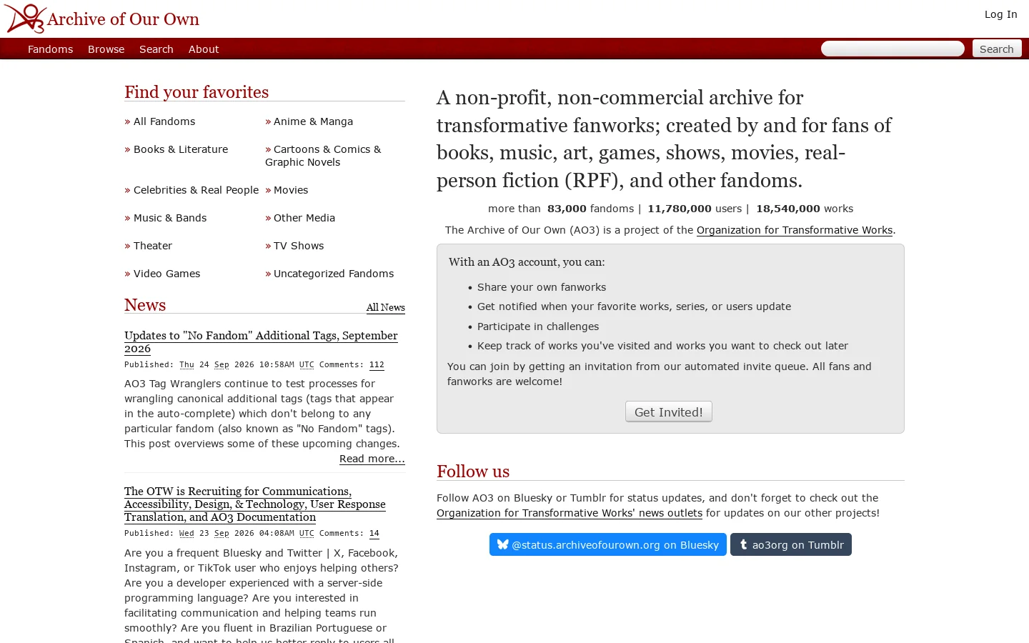 Archive of Our Own Homepage screenshot