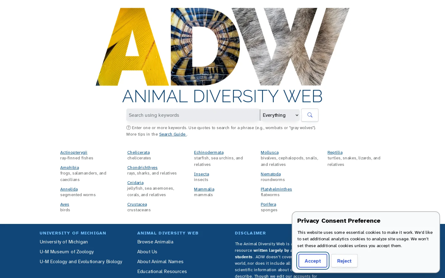 Animal Diversity Web Homepage screenshot