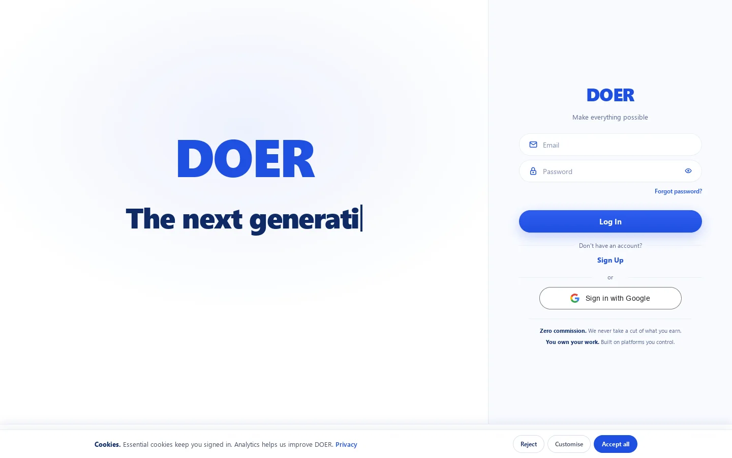 DOER. Professional network. No ads, no algorithm, zero commission. Homepage screenshot
