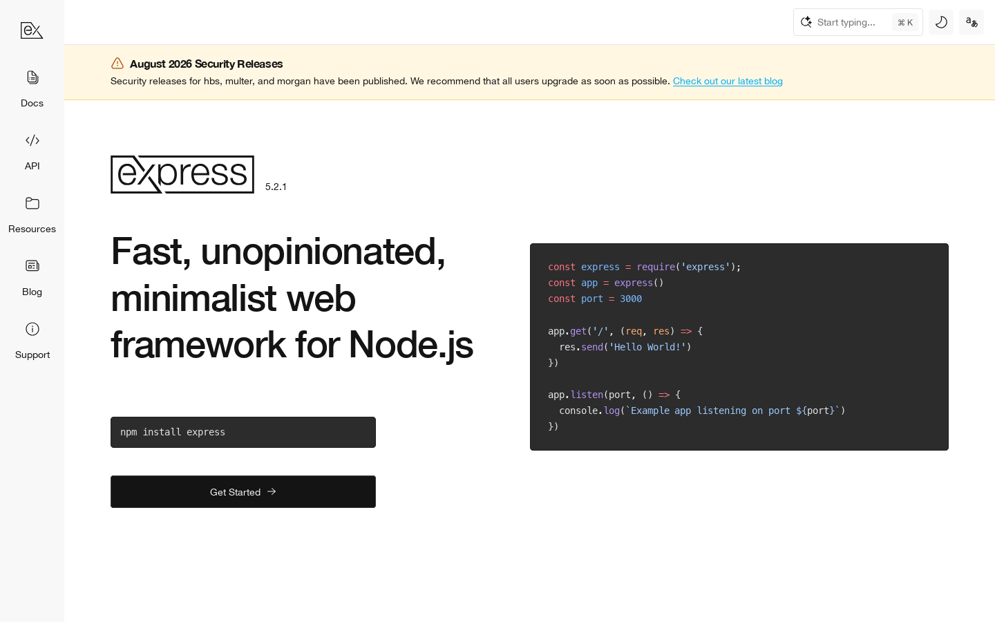 Express.js Homepage screenshot