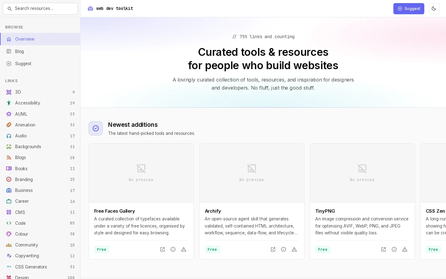Addy's Web Dev Toolkit - 755 hand-picked tools & resources for designers and developers Homepage screenshot