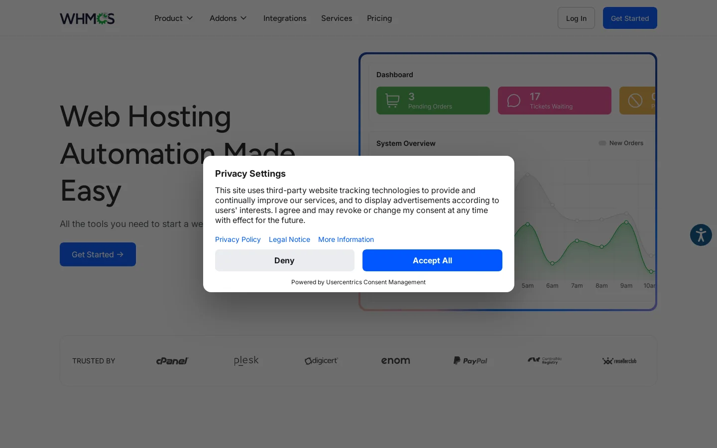 WHMCS Hosting Automation Platform Homepage screenshot