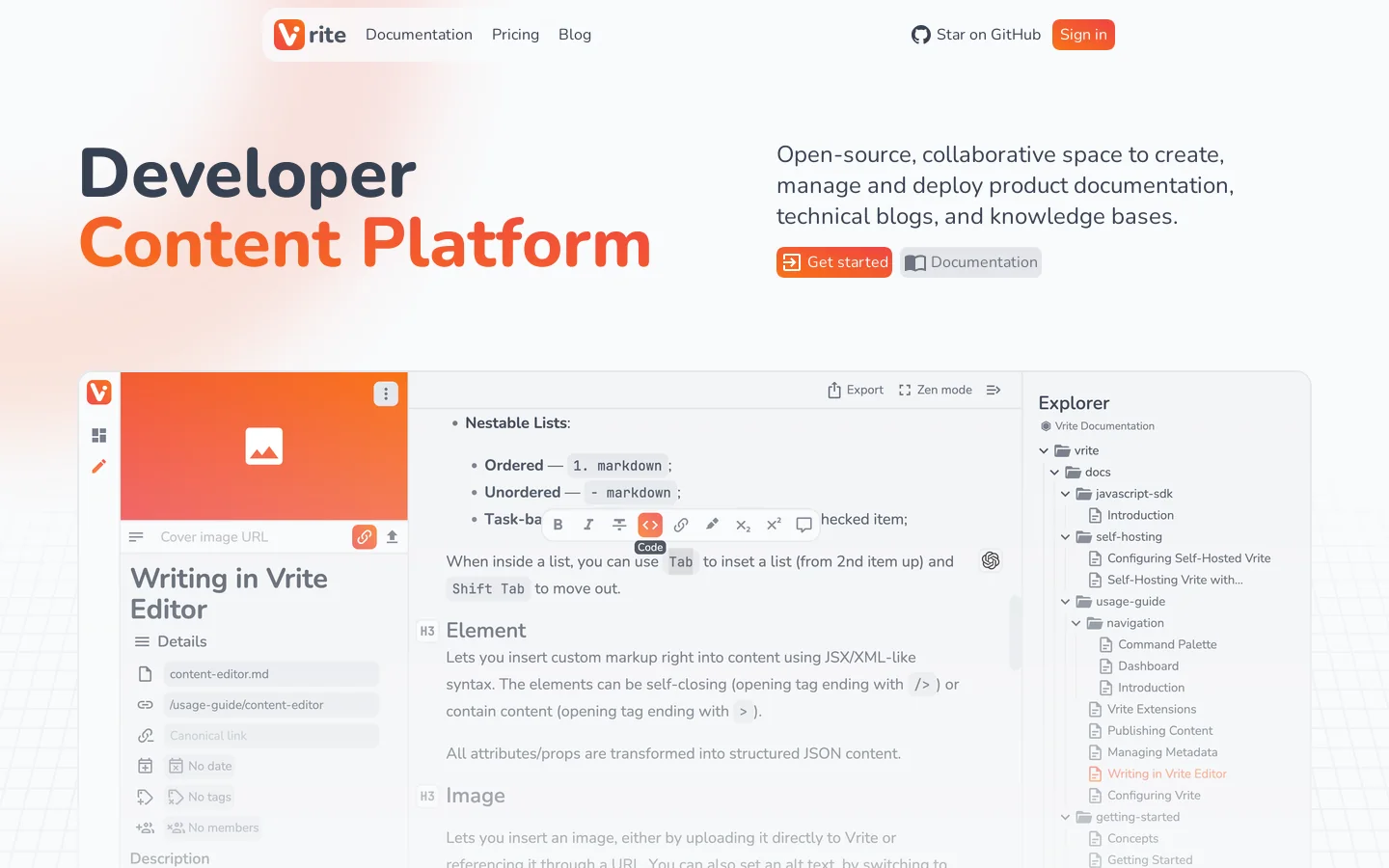 Vrite － developer content platform Homepage screenshot