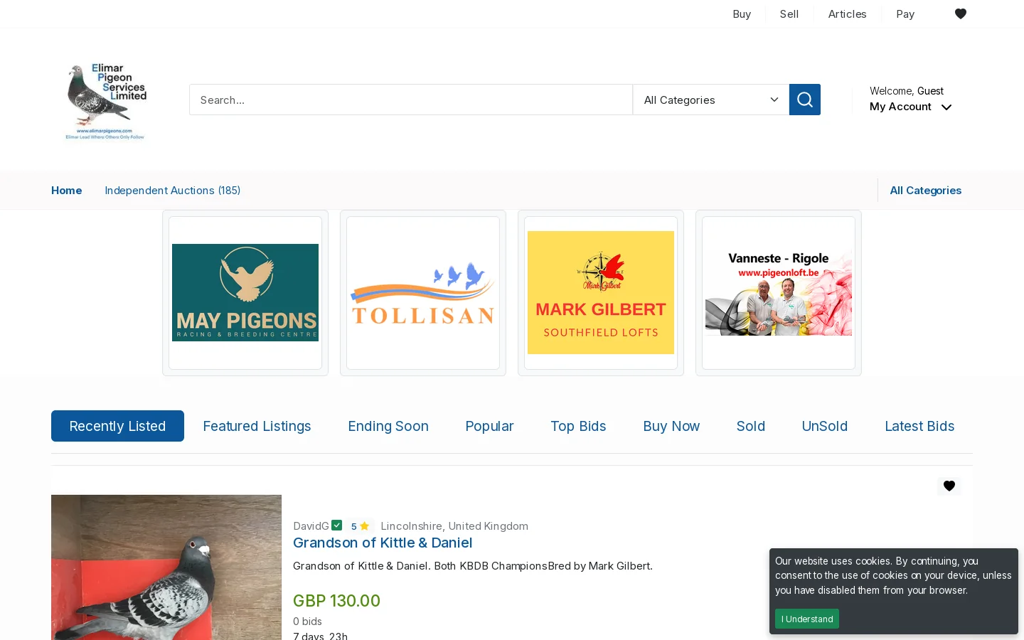 Elimar Pigeon Services Auction Site Homepage screenshot
