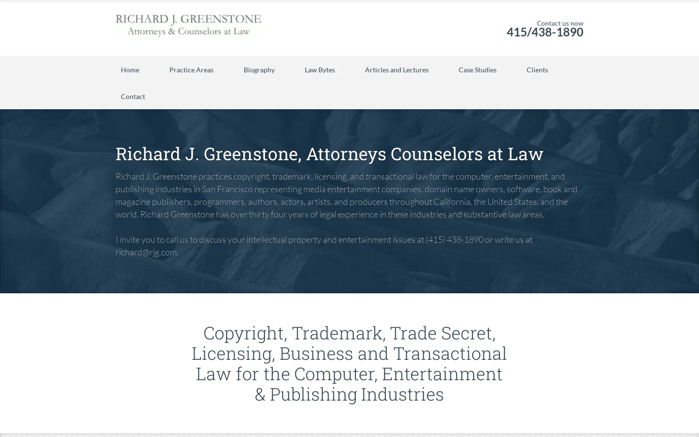 Richard J. Greenstone, Attorneys & Counselors at Law - Copyright, Trademark, Trade Secret, Licensing, Business and Transactional Law for the Computer, Entertainment & Publishing Industries Homepage screenshot