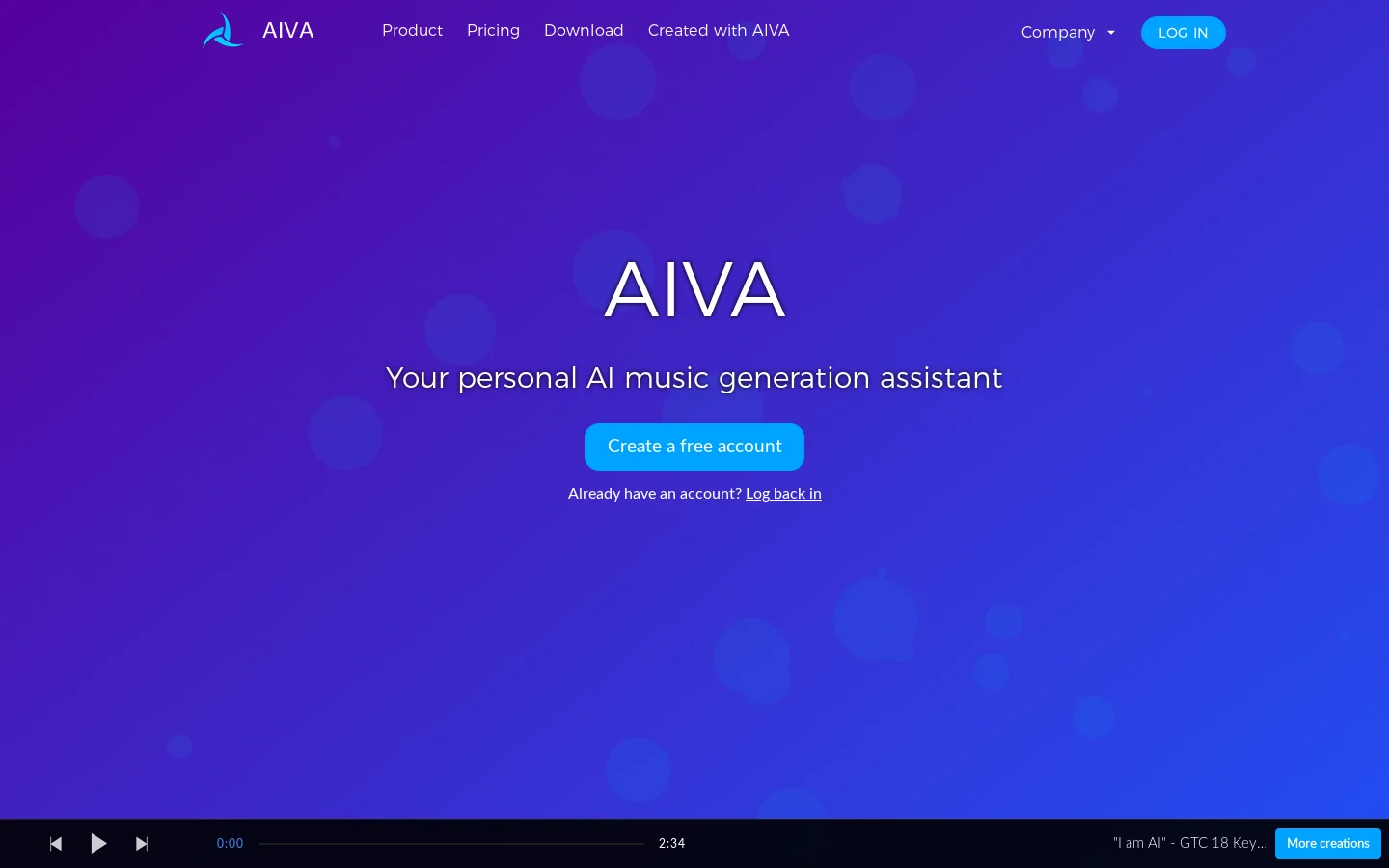 AIVA, the AI Music Generation Assistant Homepage screenshot